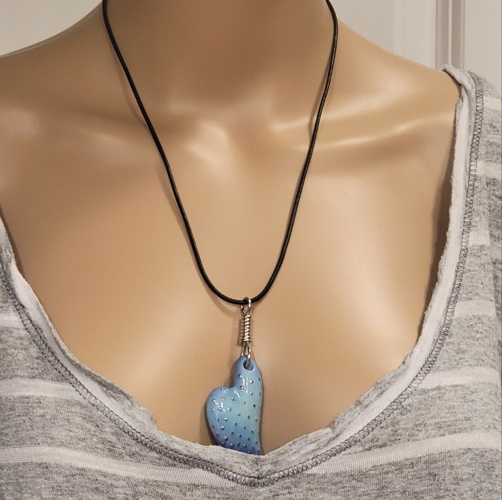 Vintage Designer Franz Blue Porcelain Heart Enamel Rhodium Necklace